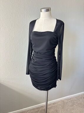 Windsor Black Ruched Mini Dress with Sheer Long Sleeves